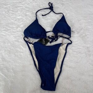 Zaful Navy Blue Smocked‎ Triangle Bikini Set Pearl Detail NWT Size Medium NWT